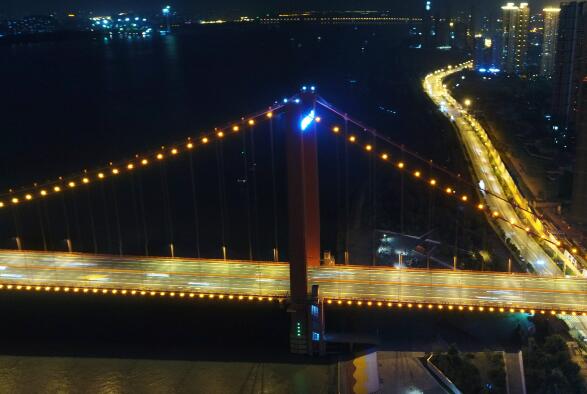 武汉鹦鹉洲长江大桥夜景航拍全景